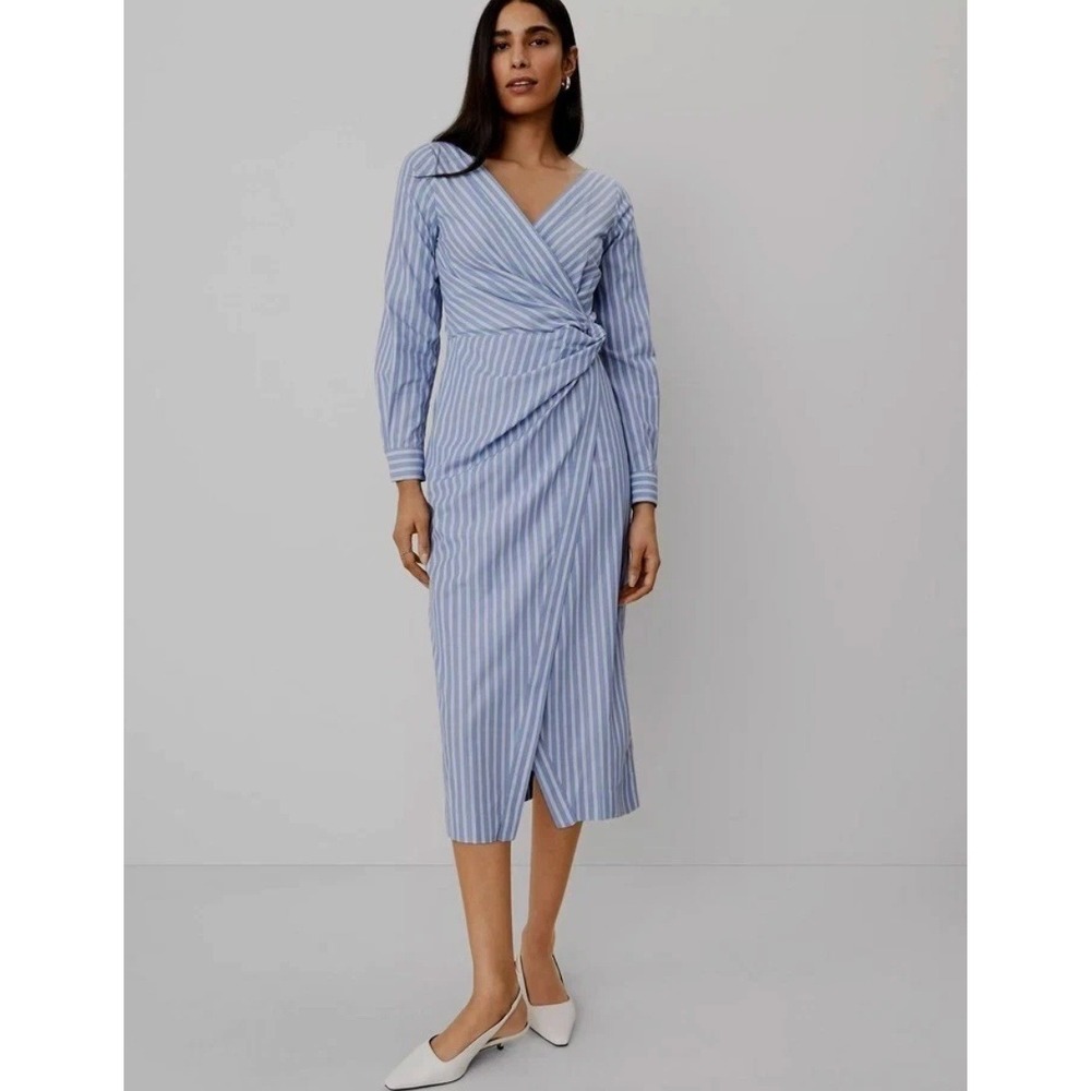 Ann Taylor NEW Striped Faux Wrap Dress 12 Petite Blue White Cotton Long Sleeve - Picture 6 of 12